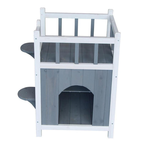 Double-Layer Wooden Cat Home Pet House Dog Shelter Kennel Nest with Balcony